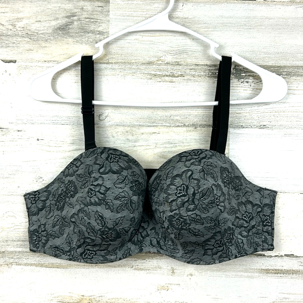 Cacique Womens 38C Gray Black Floral Strapless Multiway Bra NEW Lingerie